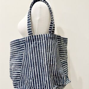 Navy Blue & White Striped Canvas Tote Bag - Oversized & Durable